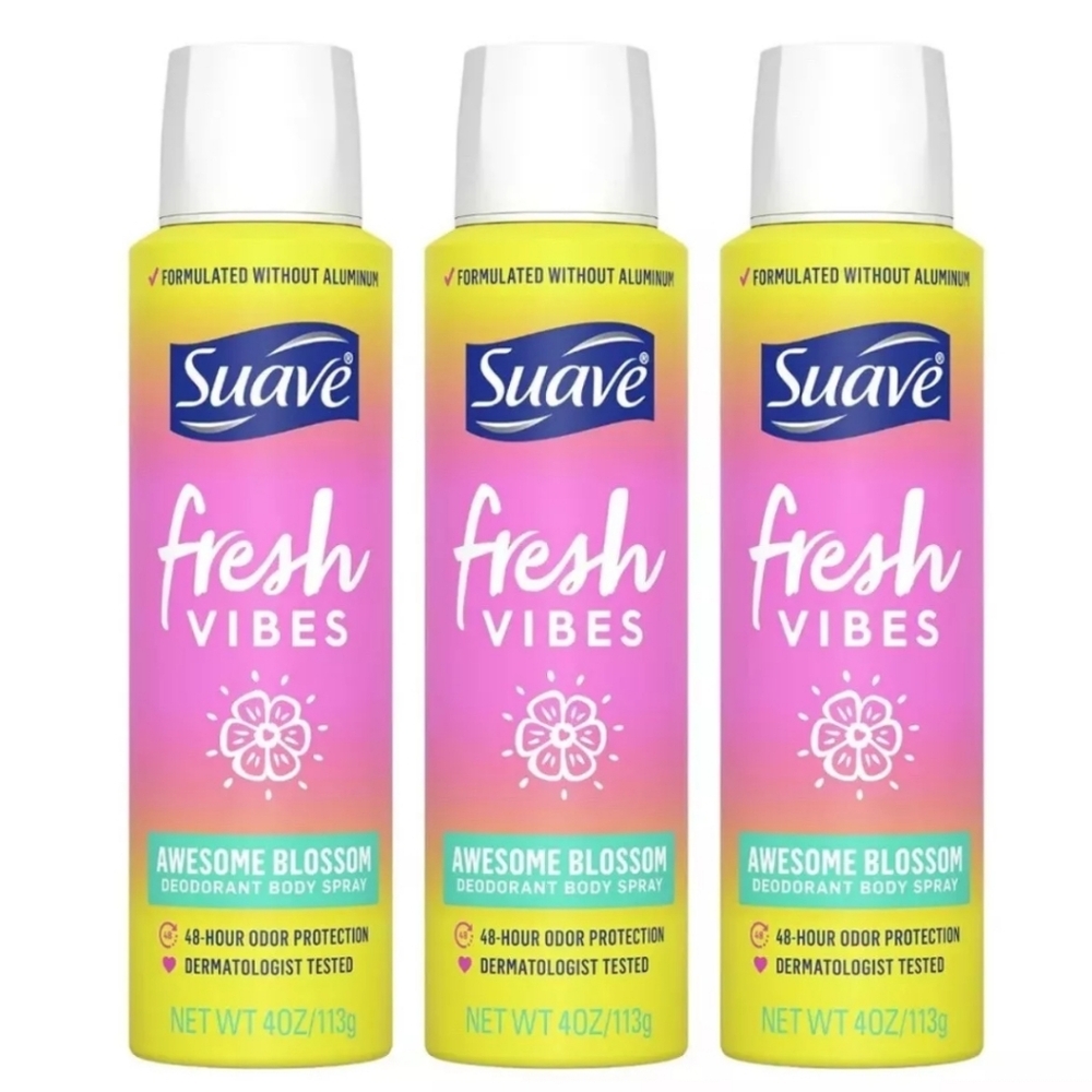 3X Suave Fresh Vibes Deodorant Body Spray Awesome Blossom 48 Hr Odor Protection